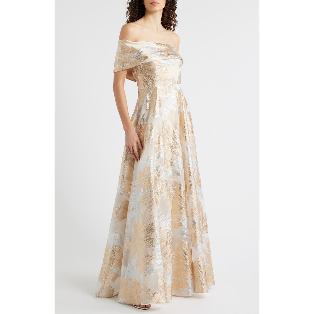 Eliza J One-Shoulder Metallic Jacquard Gown in Champagne at Nordstrom, Size 8