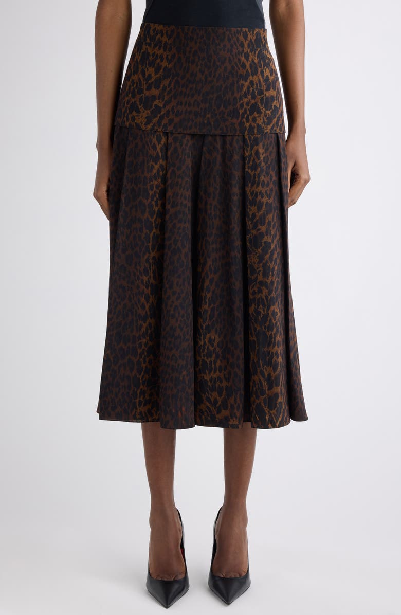 Balenciaga Leopard Print Pleated Silk Midi Skirt, Main, color, 2135 Brown