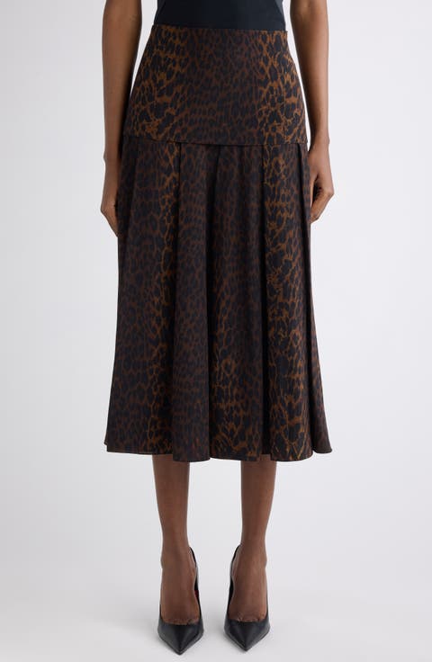 Leopard Print Pleated Silk Midi Skirt