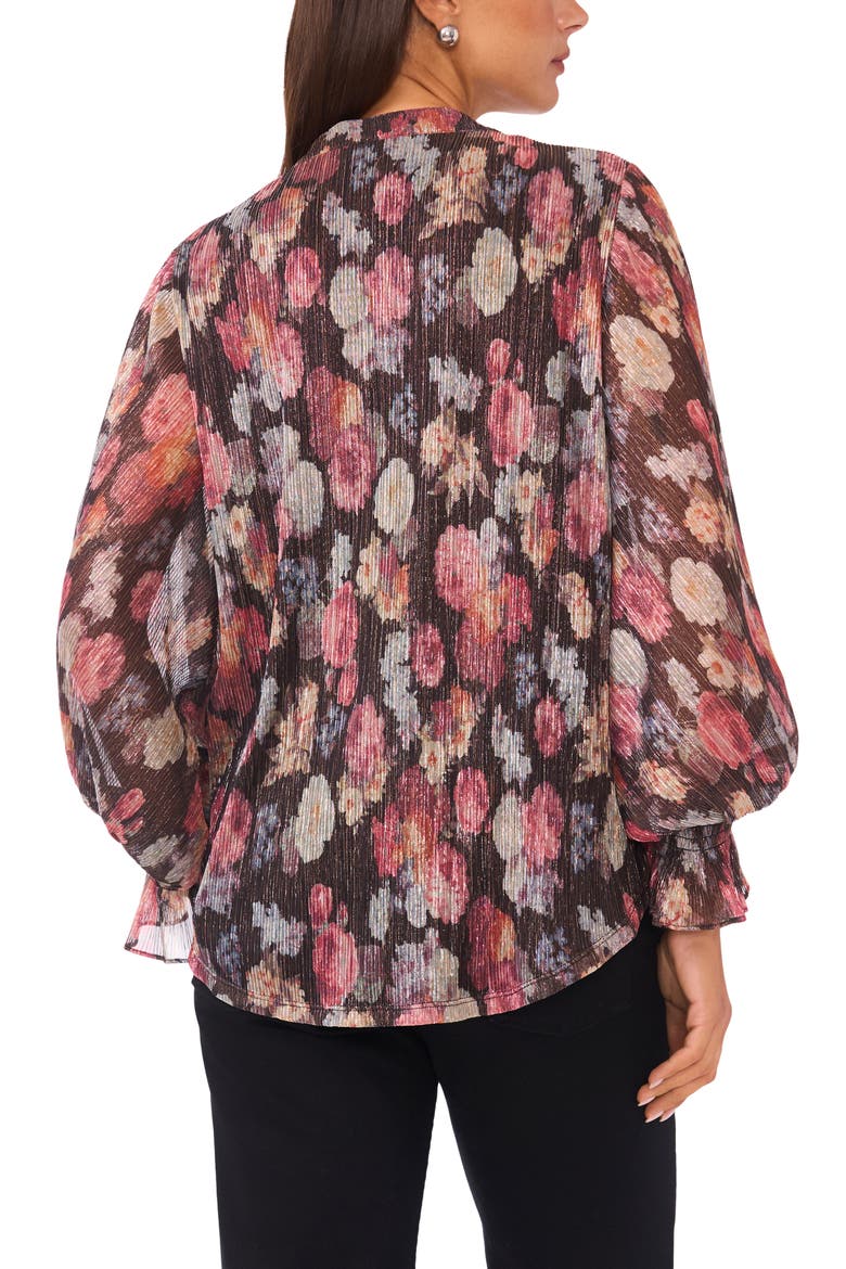 Floral V-Neck Flare Cuff Chiffon Top, Alternate, color, RICH BLACK