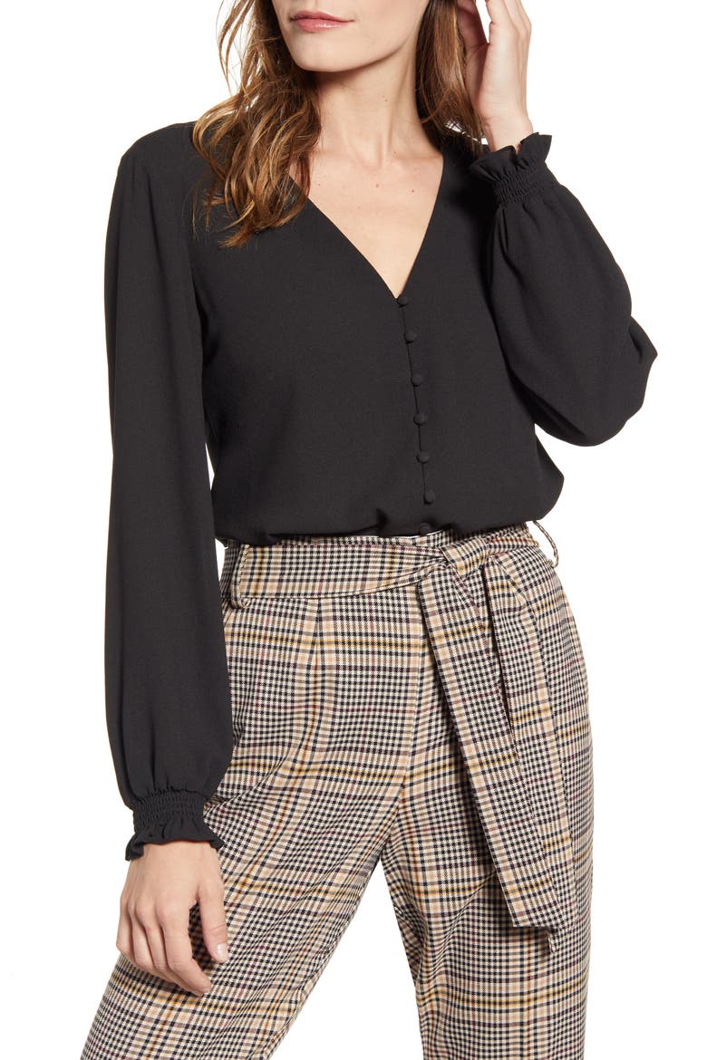 Button Front Blouse, Main, color, RICH BLACK