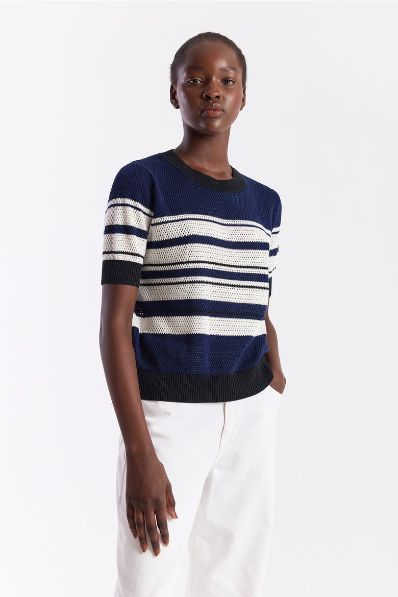 Textured Stripe Crewneck Top, Alternate, color, Navy/Ivory, Black