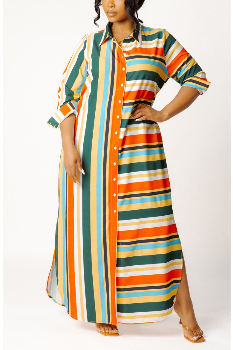Long Sleeve Button-Up Maxi Shirtdress, Main, color, MULTI STRIPE