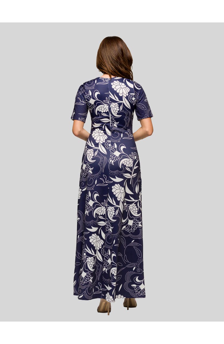 24seven Comfort Apparel Blue Floral Print Elbow Sleeve Casual A-Line Maxi Dress, Alternate, color, Navy Multi