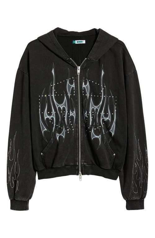 Memory Lane Flame Studded Graphic Zip Hoodie In Black