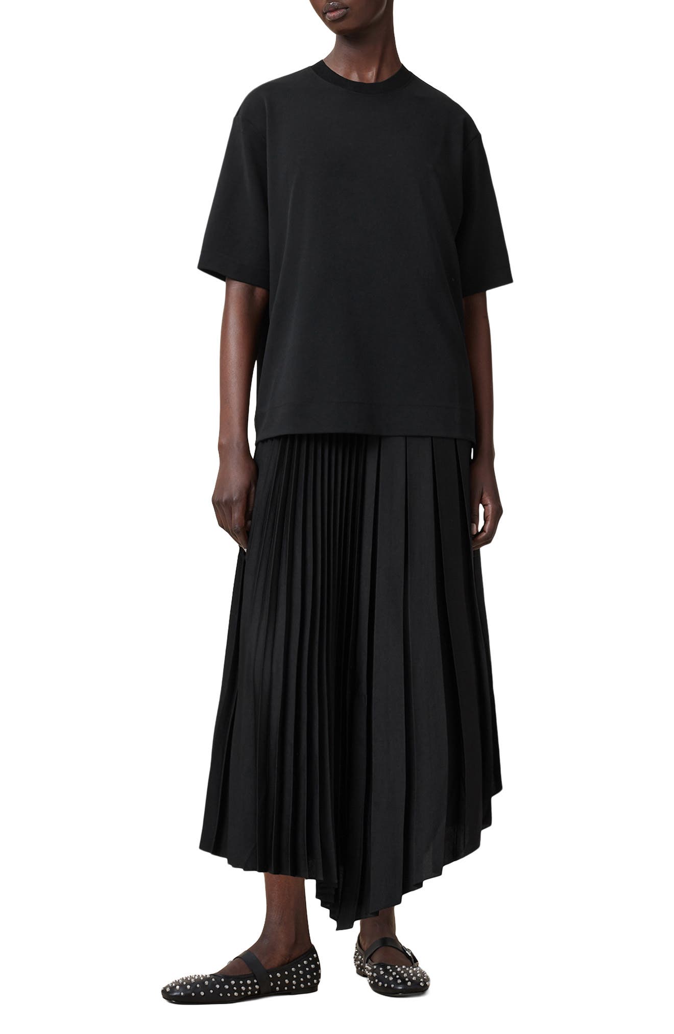 AllSaints Jax Short Sleeve Top & Pleated Sleeveless Dress
