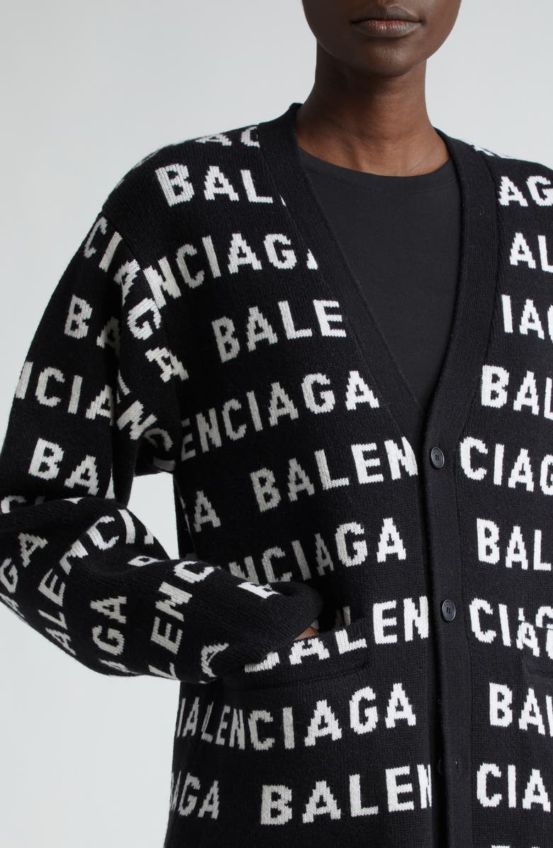 Balenciaga Logo Jacquard Wool Blend V-Neck Cardigan, Alternate, color, 