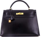 Pre-Owned Hermes Kelly Handbag Black Box Calf with Gold Hardware 32