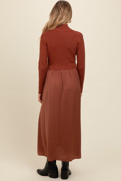 Pinkblush Knit Contrast Top Satin Midi Dress In Brown