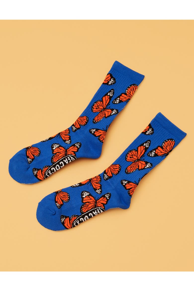 Petals and Peacocks Butterflying Blue Crew Socks, Alternate, color, 