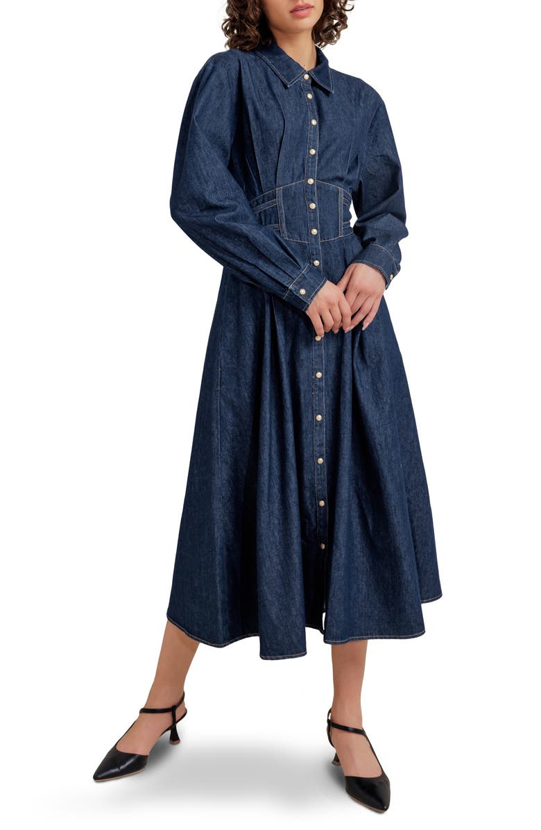 FREEMARKET Long Sleeve Midi Dress, Main, color, Denim
