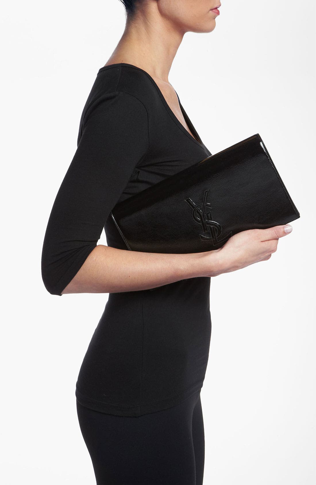 'Belle de Jour' Patent Leather Clutch, Alternate, color, BLACK