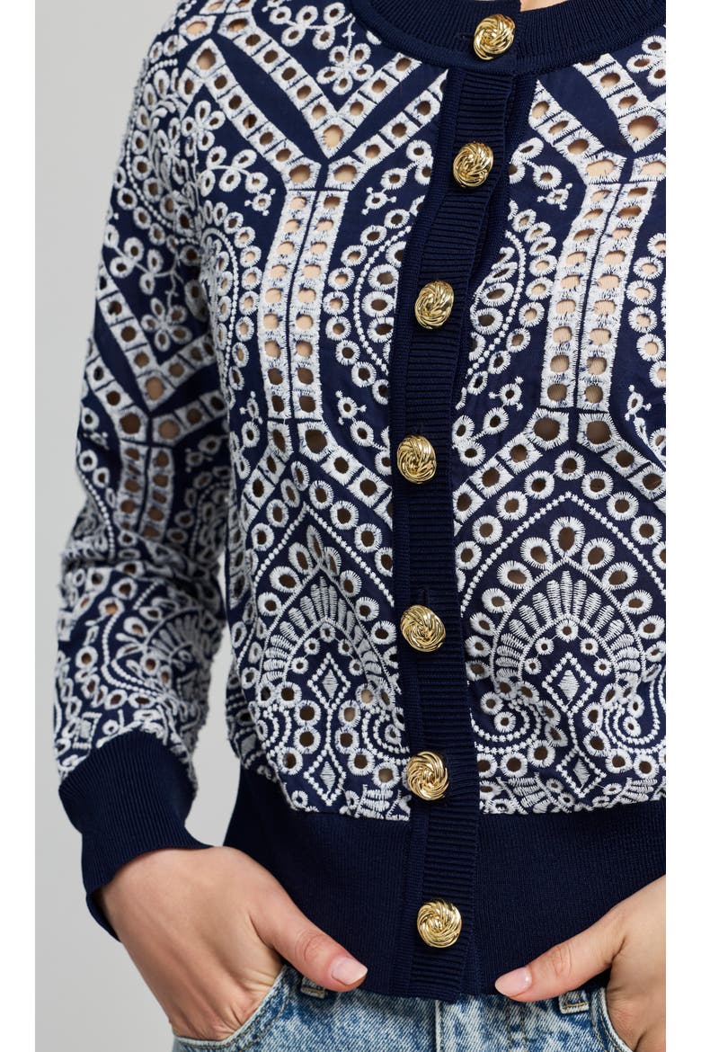 Erin Cotton Eyelet Cardigan, Alternate, color, Navy/White