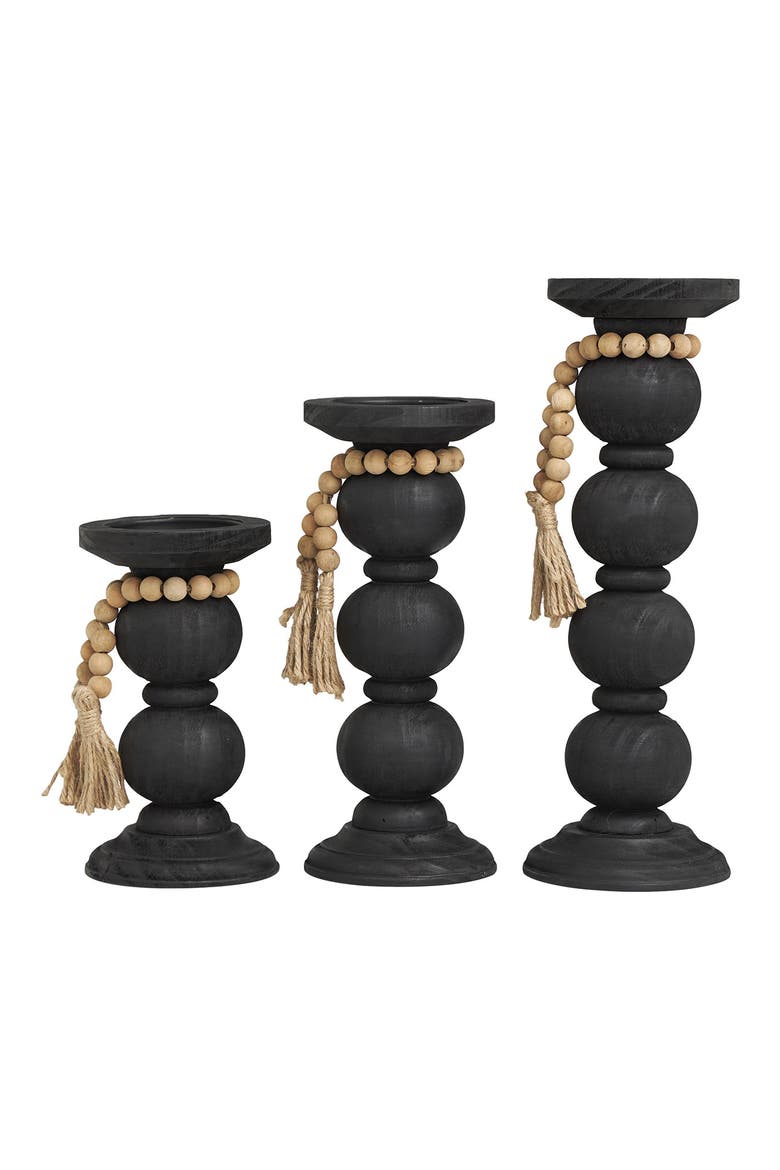 Set of 3 Wood Pillar Candle Holders, Main, color, BLACK