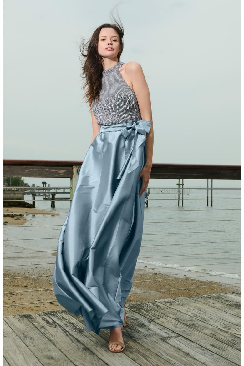 Beaded Mock Neck Sleeveless Taffeta Gown, Alternate, color, LIGHT BLUE