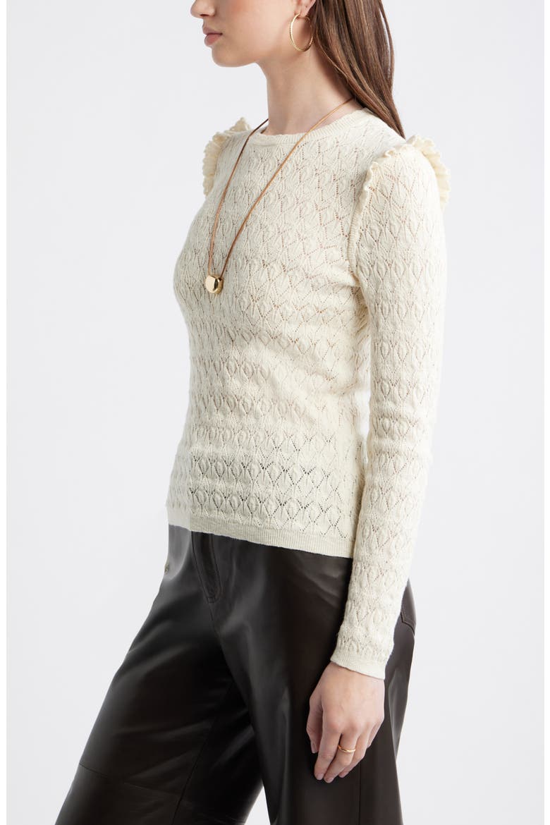 Ruffle Trim Pointelle Stitch Cotton Blend Sweater, Alternate, color, IVORY DOVE