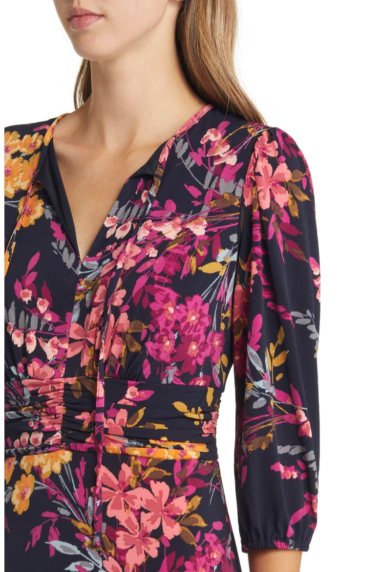 Floral Print Ruched Midi Dress, Alternate, color, DARK NAVY/ DUSTY CORAL