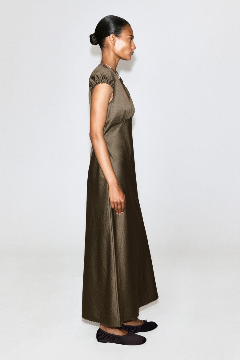 Embroidered Satin Midi Dress, Alternate, color, BROWN
