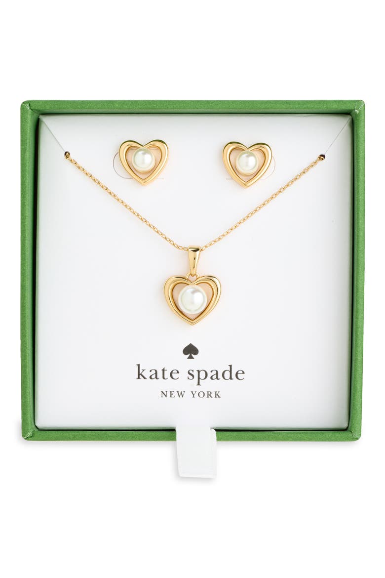 Faux Pearl Heart Pendant Necklace & Stud Earrings Set, Main, color, CLEAR/ GOLD