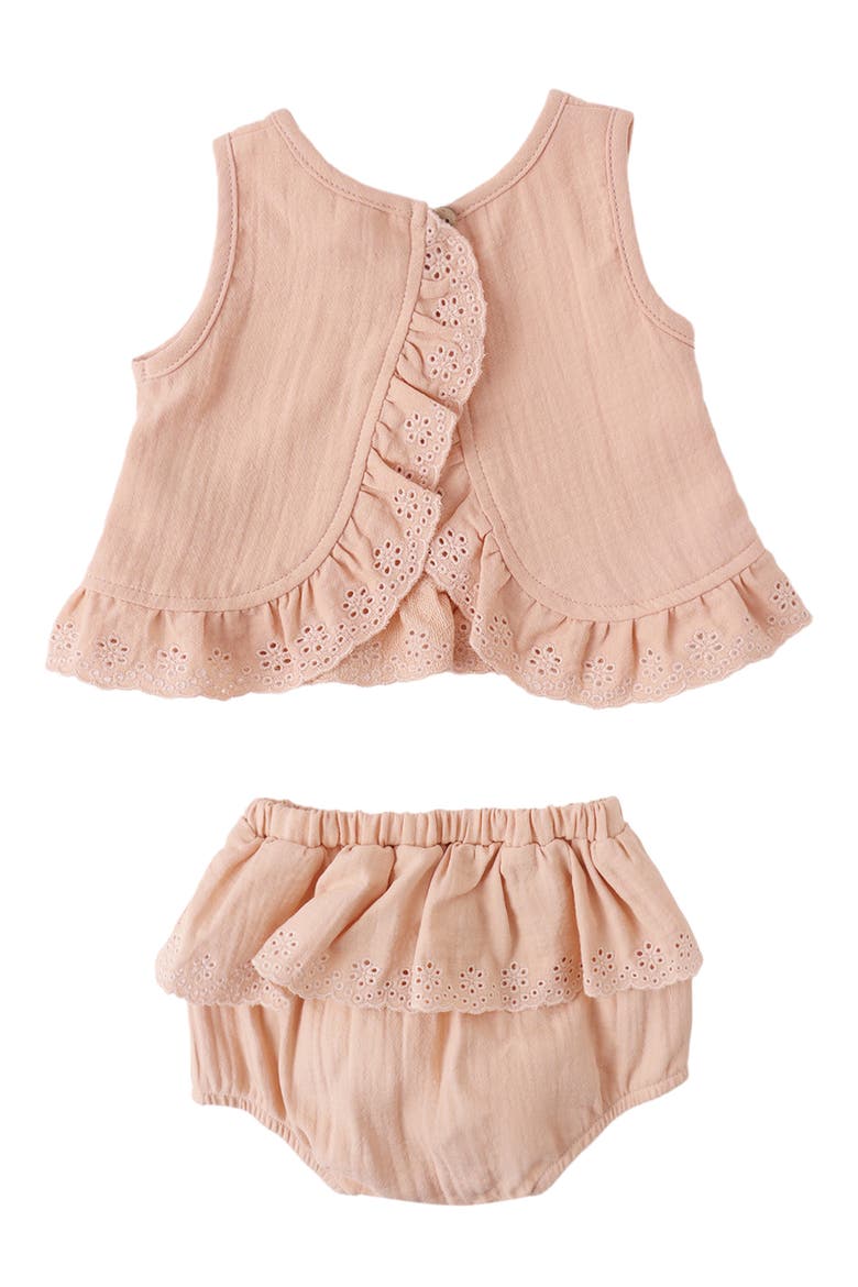 Embroidered Ruffle Trim Tulip Top & Bloomers Set, Alternate, color, MELON