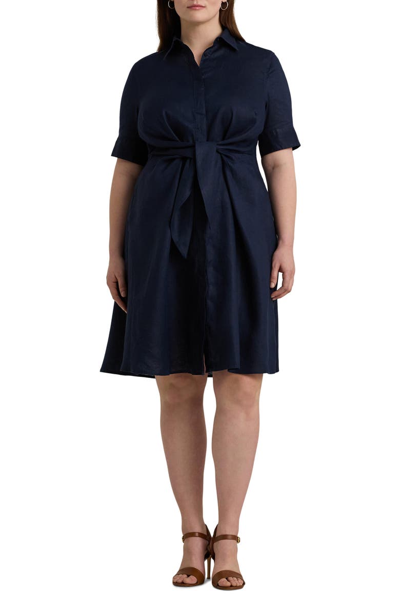 Front Tie Linen Shirtdress, Main, color, LAUREN NAVY
