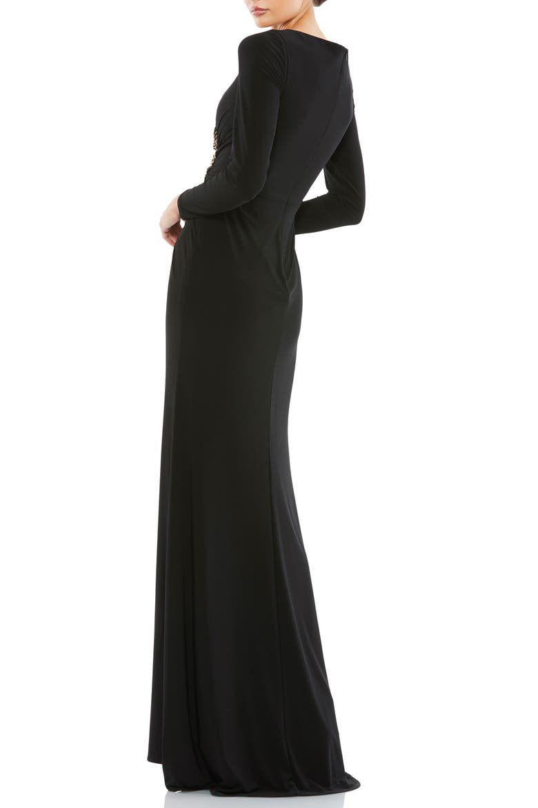 Faux Wrap Long Sleeve Appliqué Detail Gown, Alternate, color, BLACK