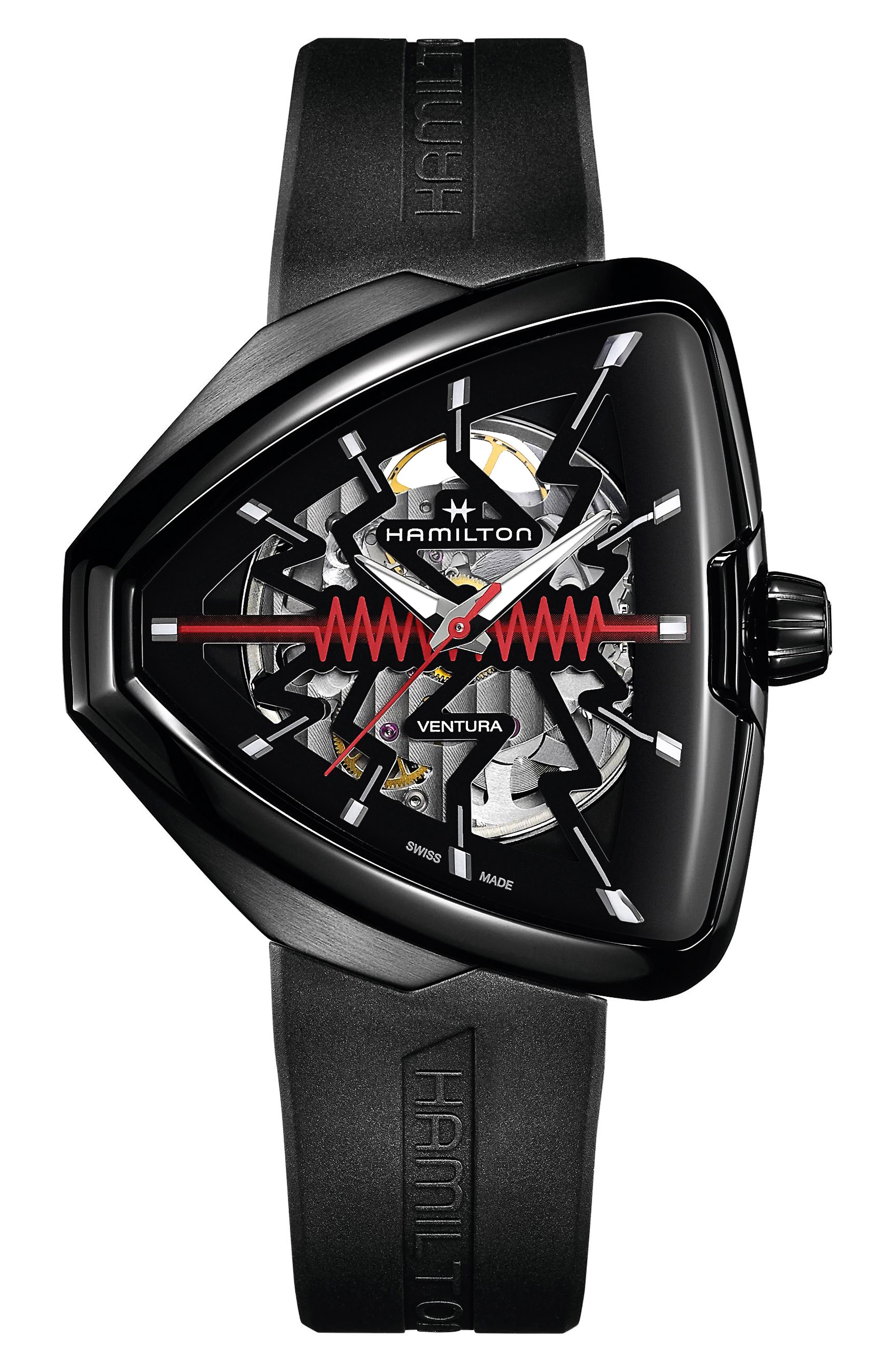 Hamilton Ventura Elvis80 Skeleton Automatic Rubber Strap Watch, 44.6mm in Black/black 