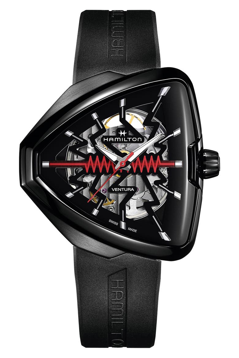 Ventura Elvis80 Skeleton Automatic Rubber Strap Watch, 44.6mm, Main, color, BLACK/BLACK