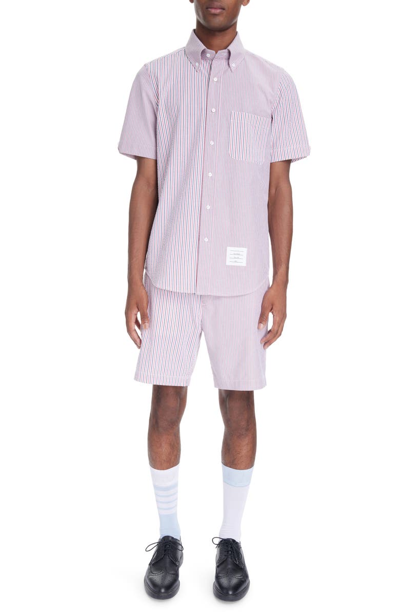 Thom Browne Straight Fit Stripe Short Sleeve Cotton Seersucker Button-Down Shirt, Alternate, color,
