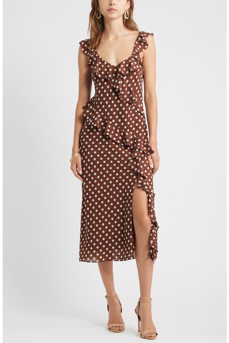 Ruffle Midi Dress, Main, color, BROWN POLKA DOT