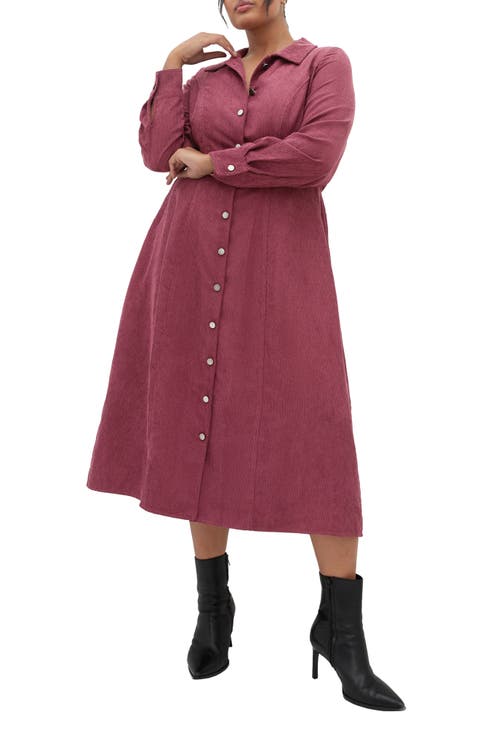 Leah Long Sleeve Corduroy Midi Dress (Plus)