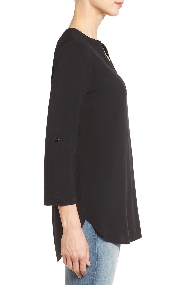 Split Neck Roll Sleeve Tunic, Alternate, color, BLACK