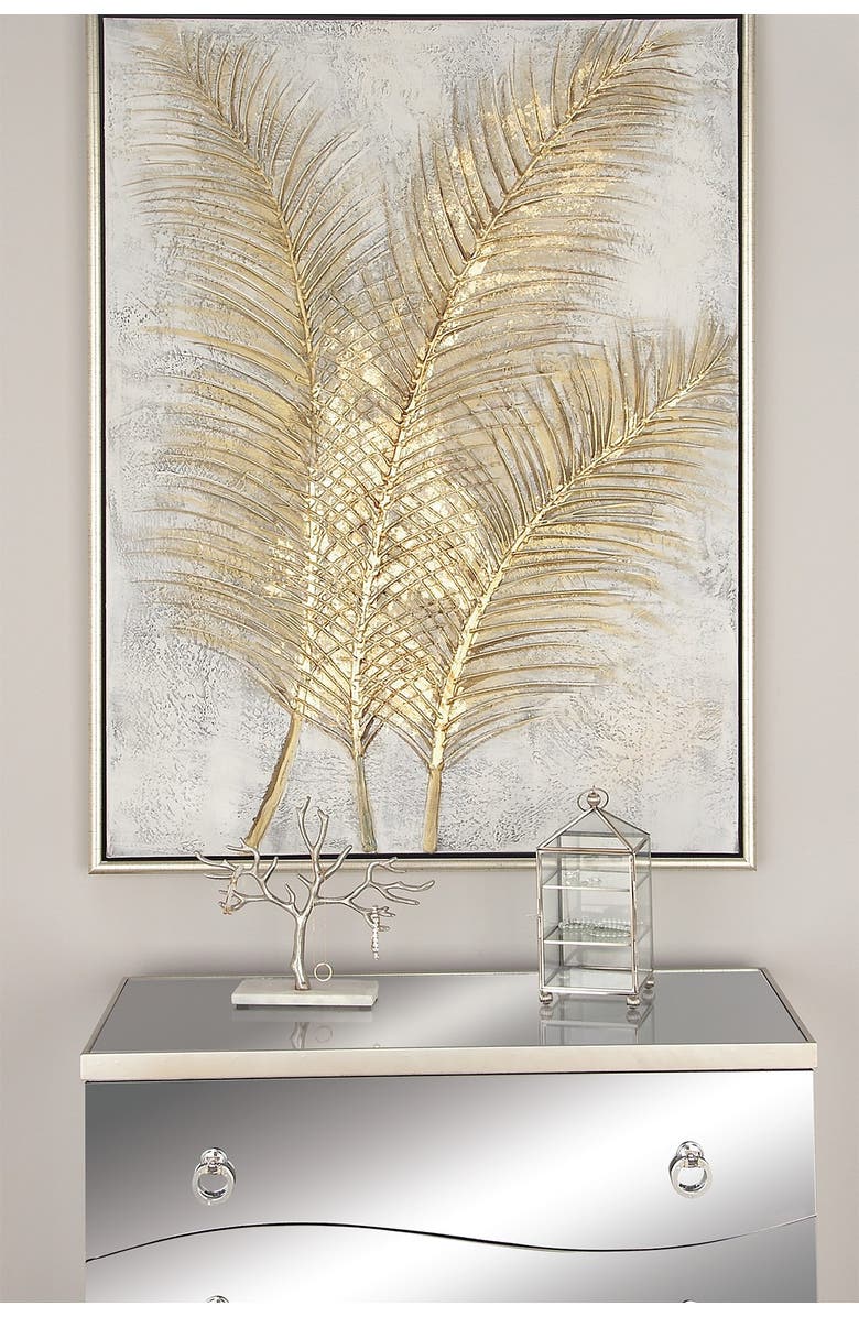 COSMO BY COSMOPOLITAN Goldtone Canvas Leaf Framed Wall Art with Silvertone Frame, Alternate, color, Gold