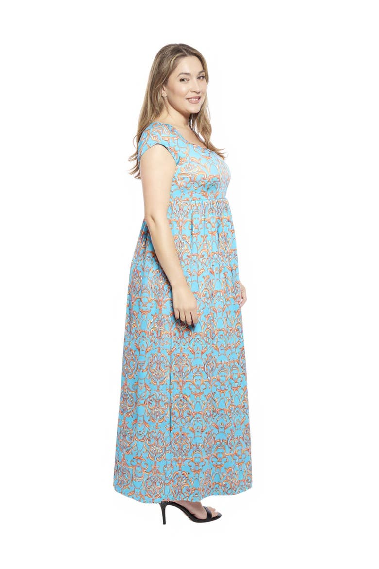 Plus Size Abstract Square Neck Cap Sleeve Pleated A-Line Maxi Dress, Alternate, color, Blue Multi