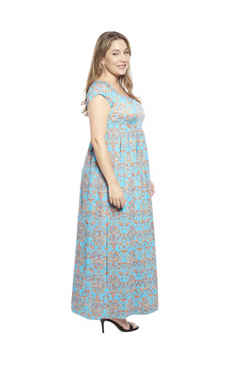 24seven Comfort Apparel Plus Size Abstract Square Neck Cap Sleeve Pleated A-Line Maxi Dress, Alternate, color, Blue Multi