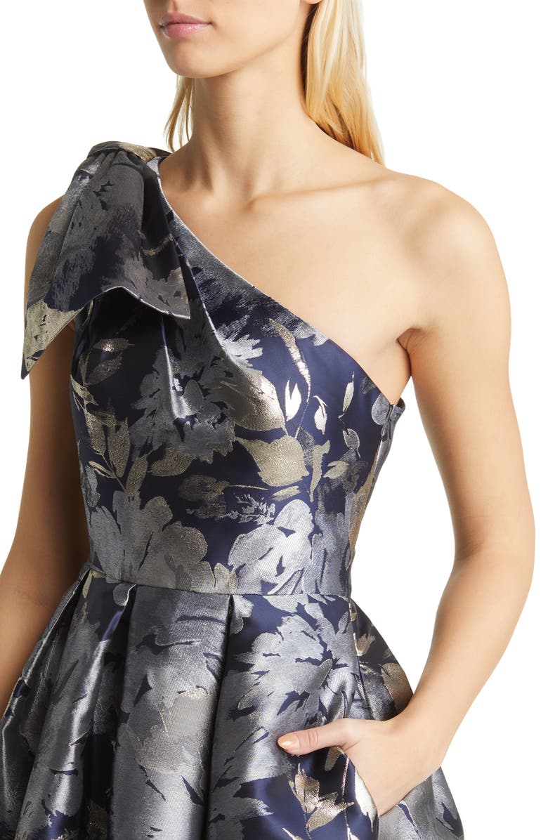 Eliza J Metallic Floral Asymmetric Gown, Alternate, color,