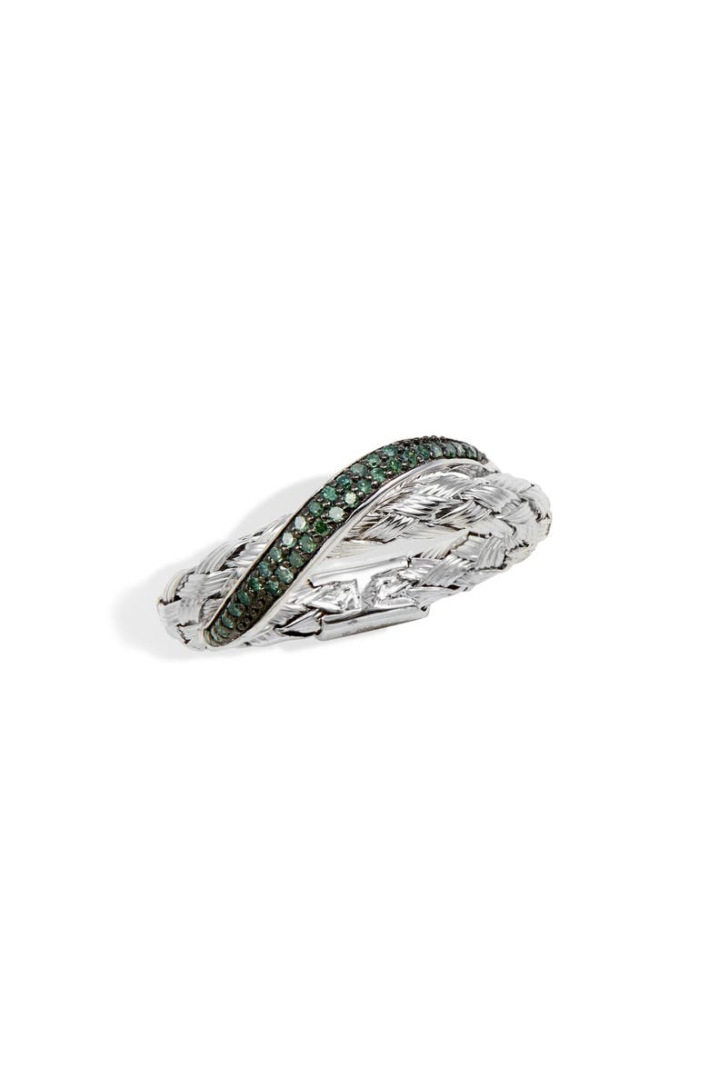 SAVVY CIE JEWELS Rhodium Plated Sterling Silver Green Diamond Woven Band Ring, Main, color, White