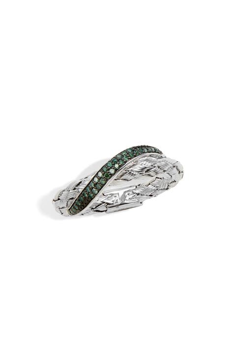Rhodium Plated Sterling Silver Green Diamond Woven Band Ring