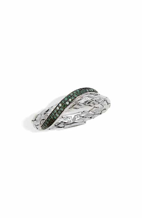 SAVVY CIE JEWELS Rhodium Plated Sterling Silver Green Diamond Woven Band Ring