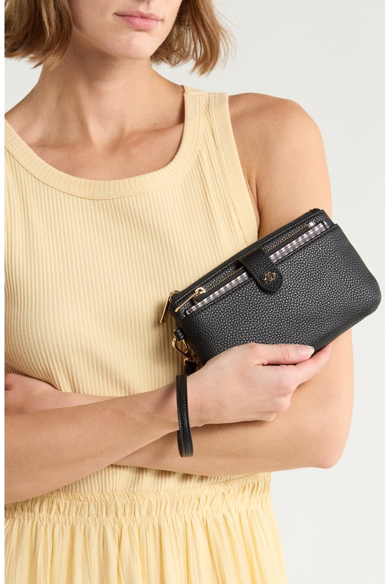 Faux Leather Wristlet with Card Case, Alternate, color, BLACK / GINGHAM BOWS