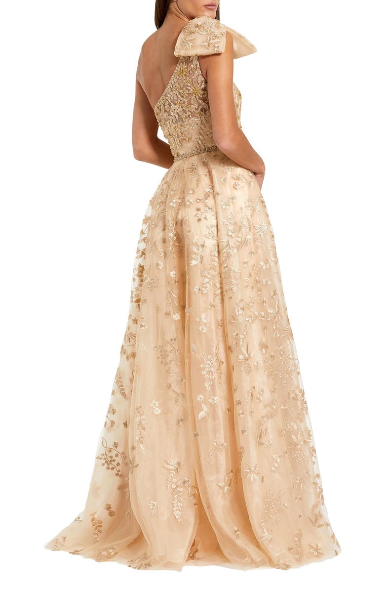 Mac Duggal Embellished Bow One Shoulder A Line Gown, Alternate, color, Champagne