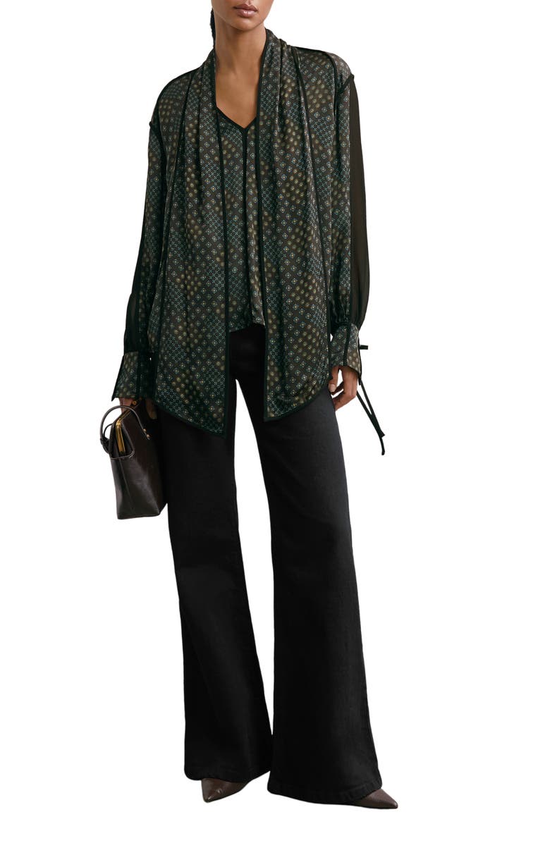 Reiss Eddie Foulard Print Tie Front Button-Up Shirt, Alternate, color, Navy