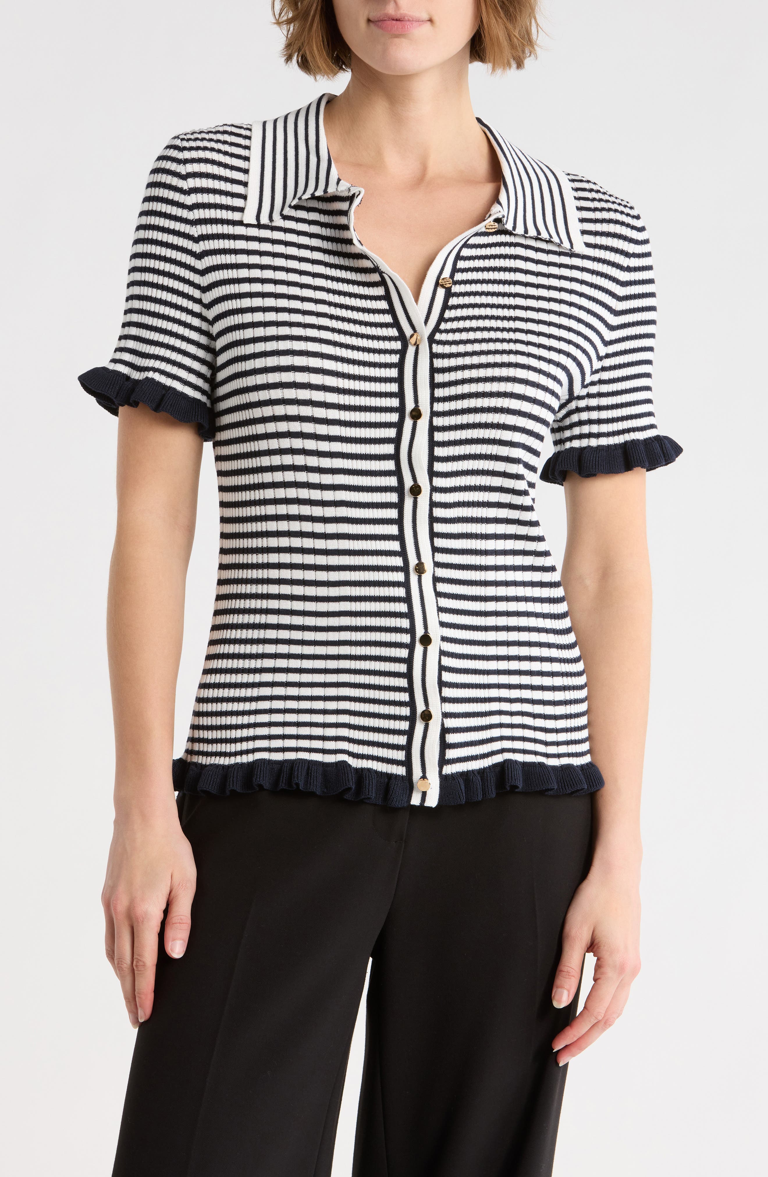ELIE ELIE TAHARI Rib Stripe Short Sleeve Cardigan