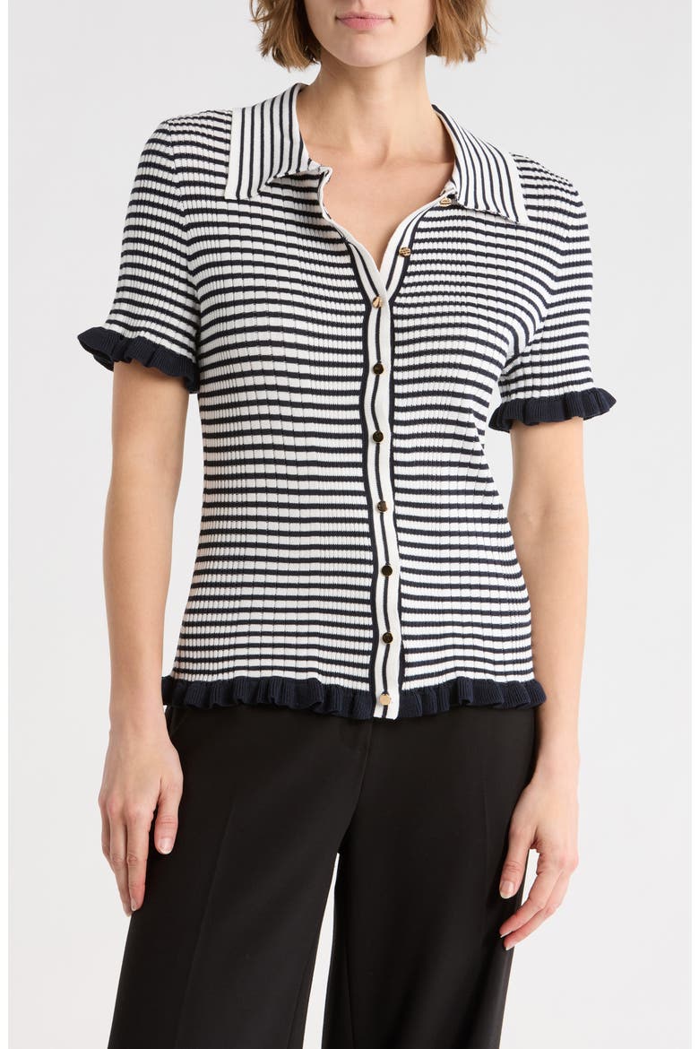 Rib Stripe Short Sleeve Cardigan, Main, color, NAVY/ IVORY