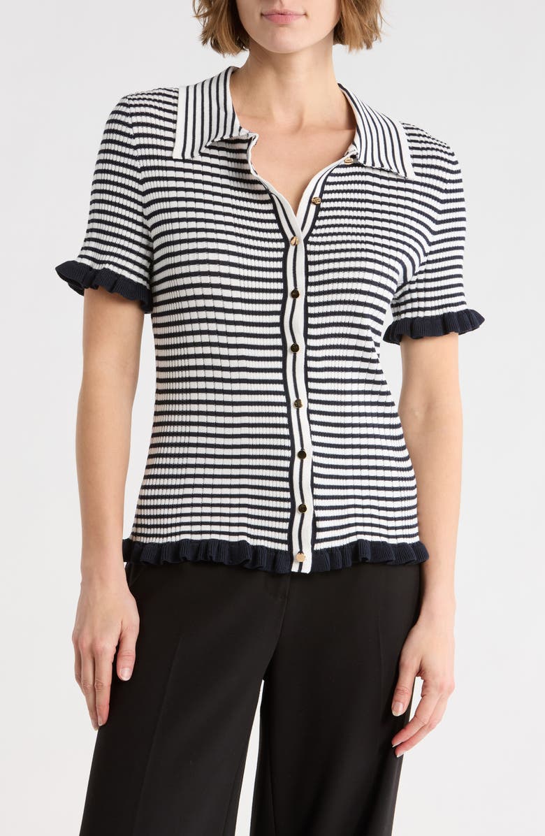 ELIE ELIE TAHARI Rib Stripe Short Sleeve Cardigan, Main, color, Navy/ Ivory