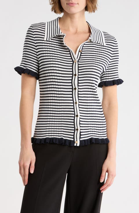 Rib Stripe Short Sleeve Cardigan
