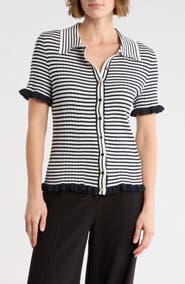 ELIE ELIE TAHARI Rib Stripe Short Sleeve Cardigan