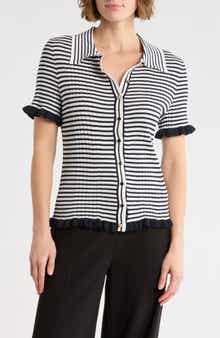 ELIE ELIE TAHARI Rib Stripe Short Sleeve Cardigan