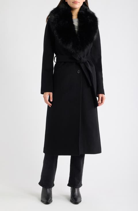 Belted Wool Blend Coat with Faux Fur Collar