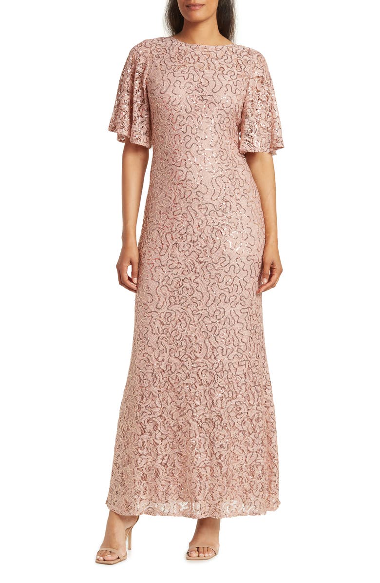 Marina Flutter Sleeve Sequin Lace Gown, Main, color,
